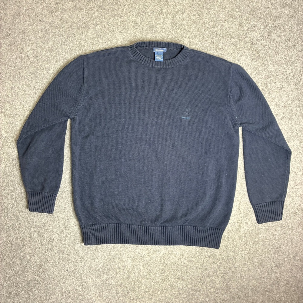Faconnable Mens Navy Blue 100% Cotton Crewneck Knit Sweater Size Large Logo